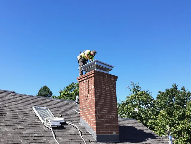 New Britain Chimney Sweep technician measuring a chimney cap in New Britain, CT