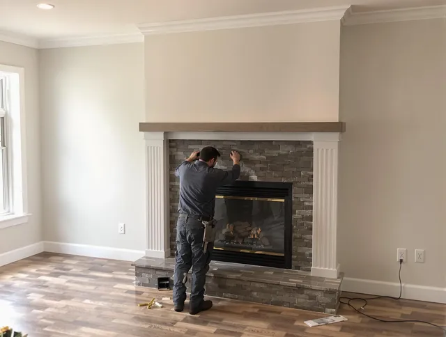 New Britain Chimney Sweep finishing a custom fireplace install in New Britain, CT